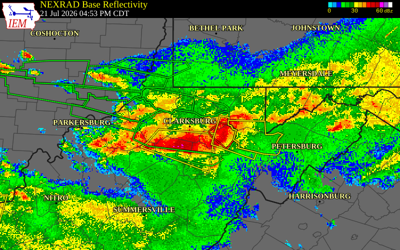 NEXRAD radar during the Tuesday, July 21, 2026 storm activity in Harrison County, West Virginia