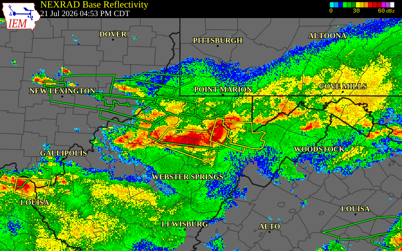 Radar snapshot during the Jul 21, 2026 wind event near 2 ENE Bridgeport, Harrison County, West Virginia, with NWS warning polygons