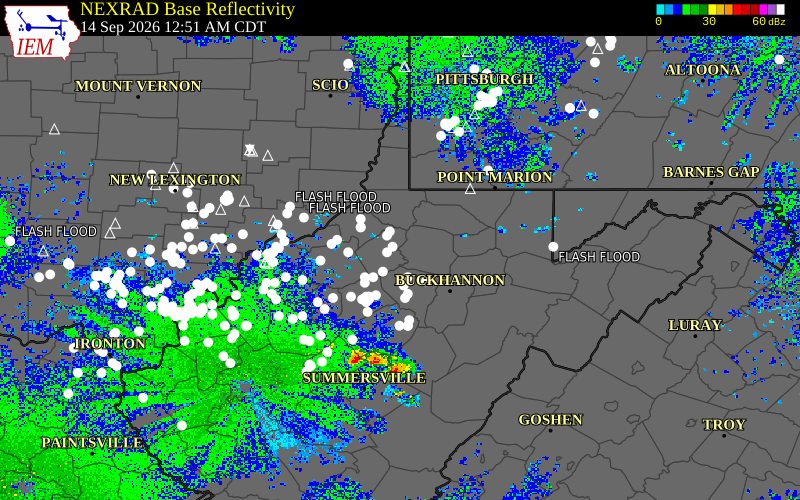 Current NEXRAD radar over Harrison County, West Virginia with recent storm report locations