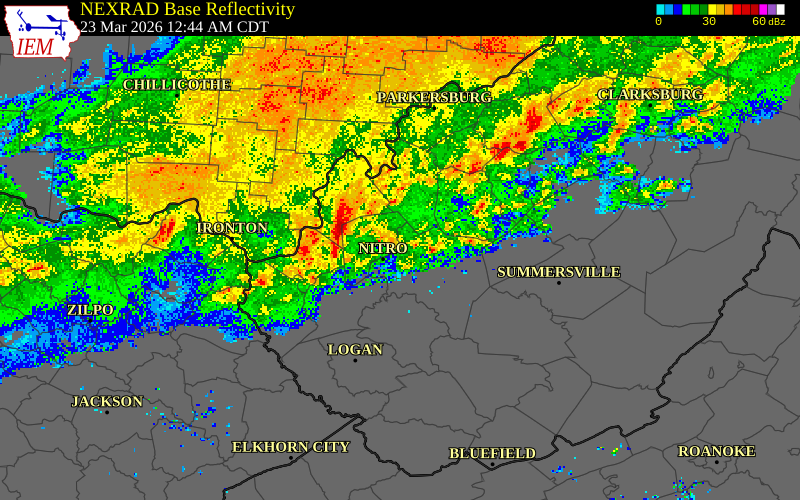 NEXRAD radar during the Monday, March 23, 2026 storm activity in Jackson County, West Virginia