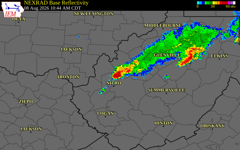 NEXRAD radar during the Saturday, August 8, 2026 storm activity in Jackson County, West Virginia