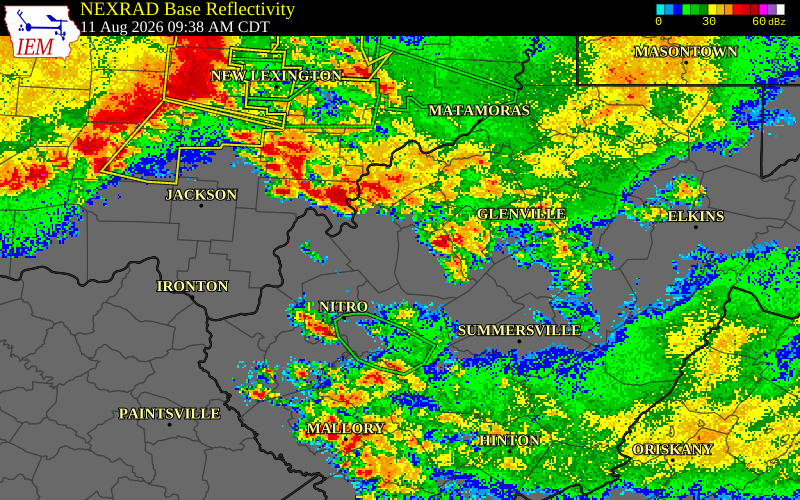 NEXRAD radar during the Tuesday, August 11, 2026 storm activity in Jackson County, West Virginia