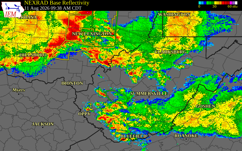 Radar snapshot during the Aug 11, 2026 wind event near Jackson County, Jackson County, West Virginia, with NWS warning polygons
