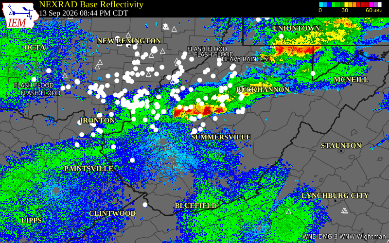 Current NEXRAD radar over Jackson County, West Virginia with recent storm report locations