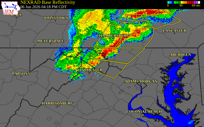 NEXRAD radar during the Saturday, June 6, 2026 storm activity in Jefferson County, West Virginia