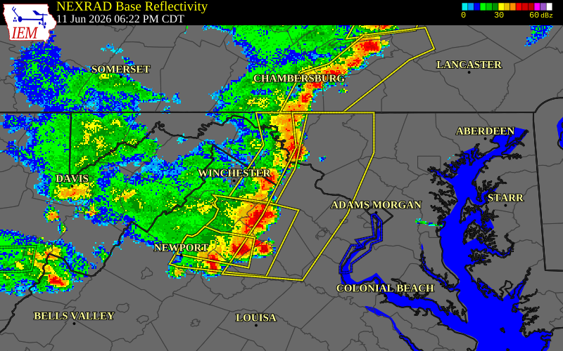 NEXRAD radar during the Thursday, June 11, 2026 storm activity in Jefferson County, West Virginia