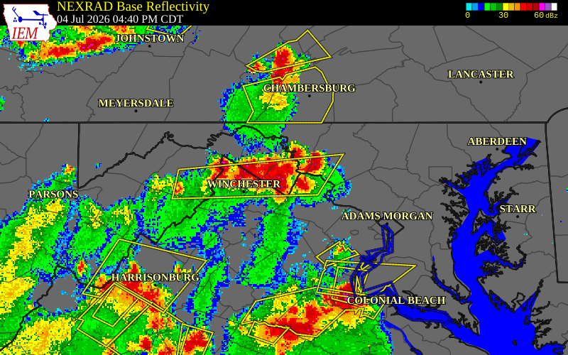 NEXRAD radar during the Saturday, July 4, 2026 storm activity in Jefferson County, West Virginia