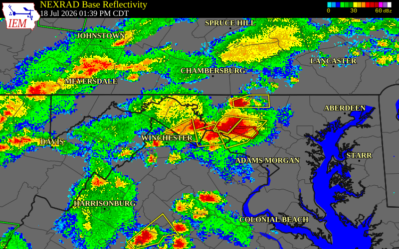 NEXRAD radar during the Saturday, July 18, 2026 storm activity in Jefferson County, West Virginia