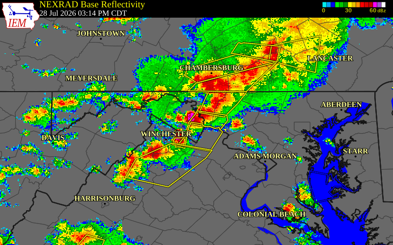 NEXRAD radar during the Tuesday, July 28, 2026 storm activity in Jefferson County, West Virginia