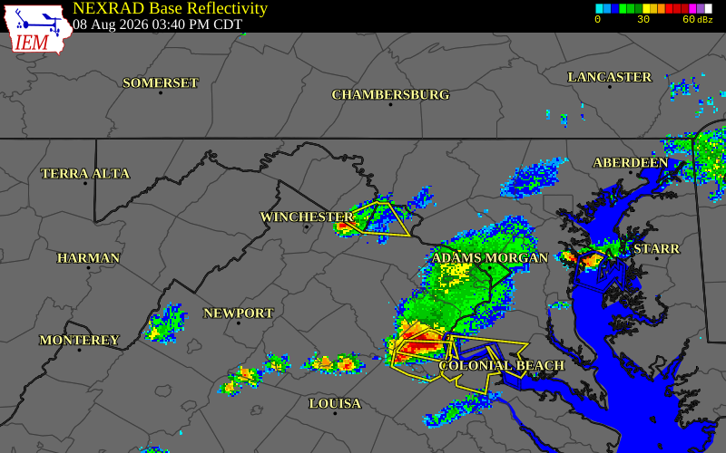 NEXRAD radar during the Saturday, August 8, 2026 storm activity in Jefferson County, West Virginia