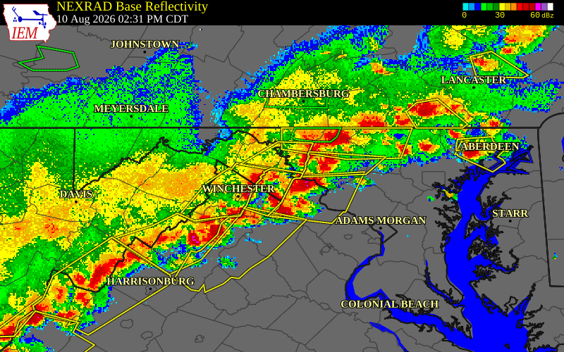 NEXRAD radar during the Monday, August 10, 2026 storm activity in Jefferson County, West Virginia