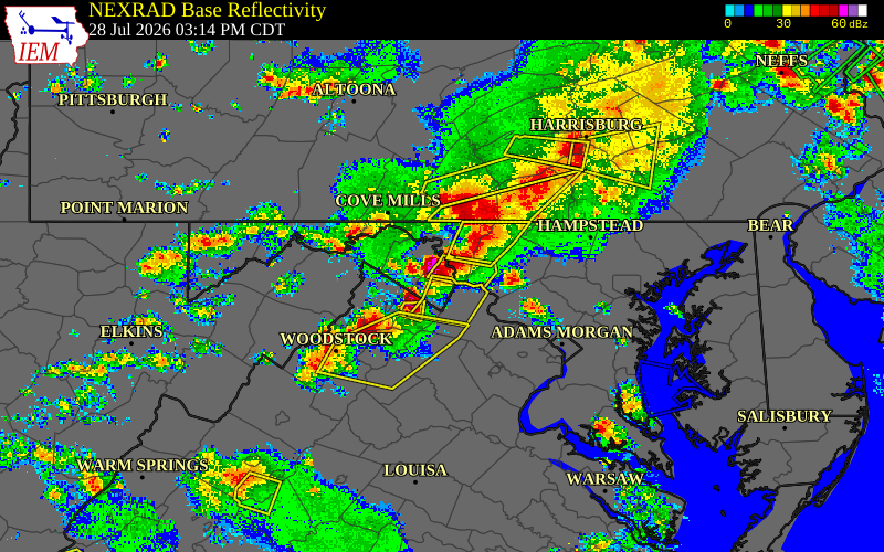 Radar snapshot during the Jul 28, 2026 hail event near 1 NE Shenandoah Junctio, Jefferson County, West Virginia, with NWS warning polygons
