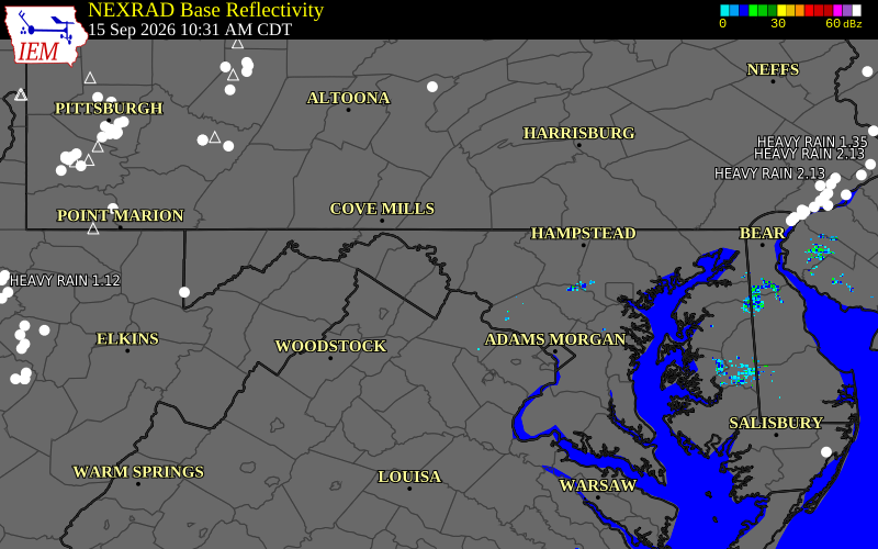 Current NEXRAD radar over Jefferson County, West Virginia with recent storm report locations