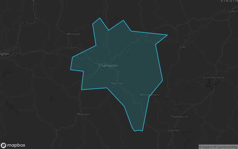 Map of Kanawha County, West Virginia showing the county boundary and surrounding cities