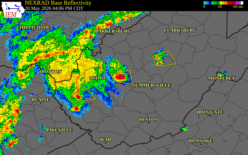 NEXRAD radar during the Wednesday, May 20, 2026 storm activity in Kanawha County, West Virginia