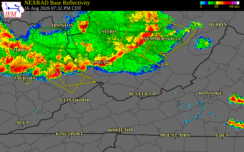 NEXRAD radar during the Sunday, August 16, 2026 storm activity in Kanawha County, West Virginia