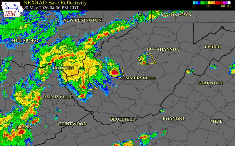 Radar snapshot during the May 20, 2026 hail event near Clendenin, Kanawha County, West Virginia, with NWS warning polygons