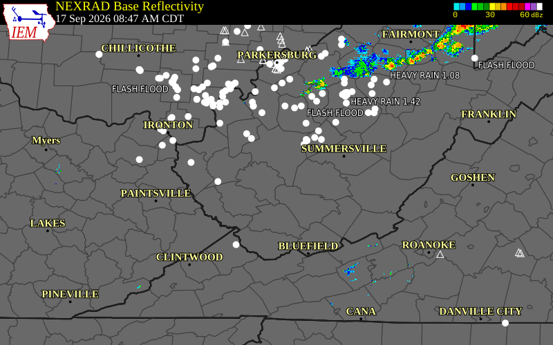 Current NEXRAD radar over Kanawha County, West Virginia with recent storm report locations