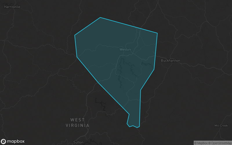 Map of Lewis County, West Virginia showing the county boundary and surrounding cities