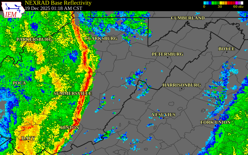 NEXRAD radar during the Friday, December 19, 2025 storm activity in Lewis County, West Virginia