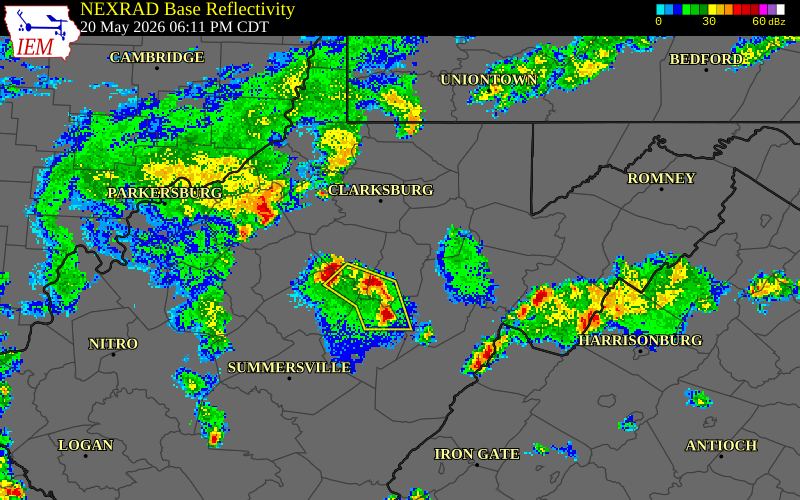 NEXRAD radar during the Wednesday, May 20, 2026 storm activity in Lewis County, West Virginia