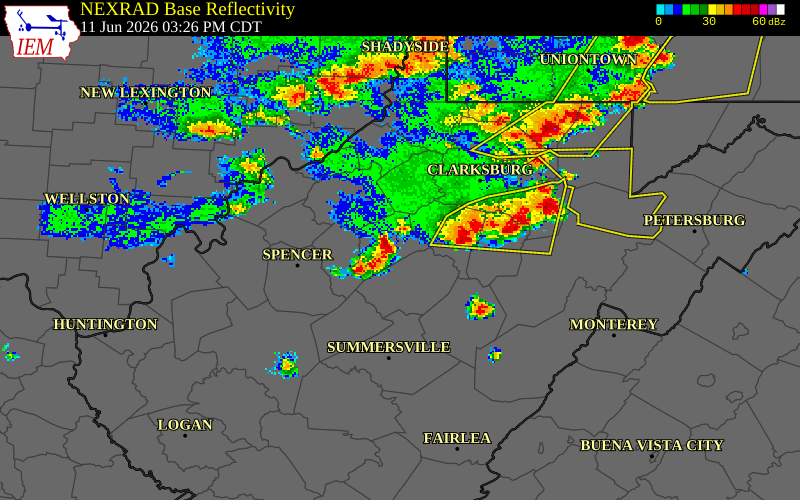 NEXRAD radar during the Thursday, June 11, 2026 storm activity in Lewis County, West Virginia