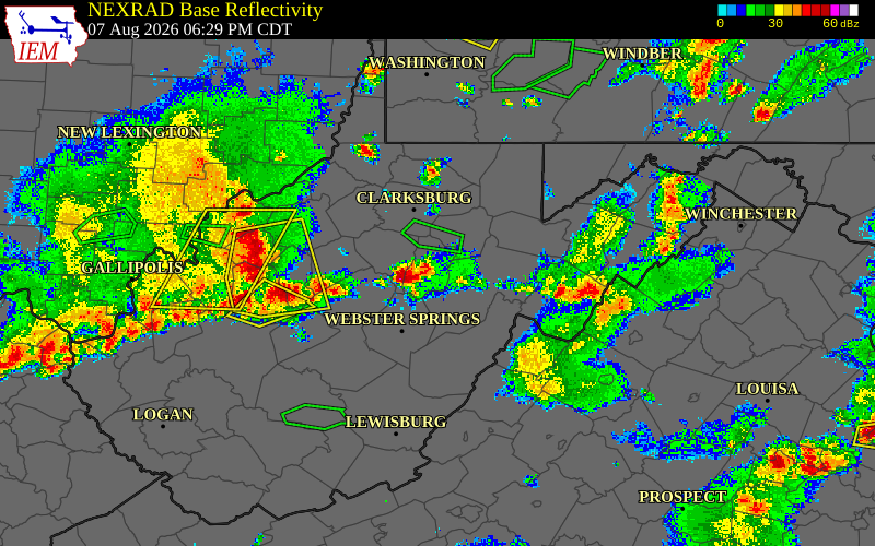 Radar snapshot during the Aug 7, 2026 wind event near Lewis County, Lewis County, West Virginia, with NWS warning polygons