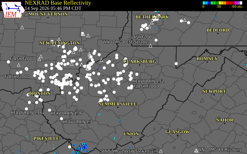 Current NEXRAD radar over Lewis County, West Virginia with recent storm report locations