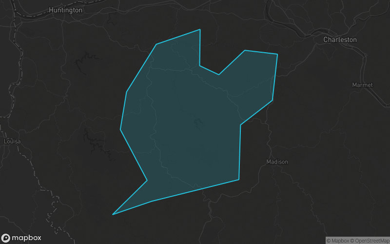 Map of Lincoln County, West Virginia showing the county boundary and surrounding cities