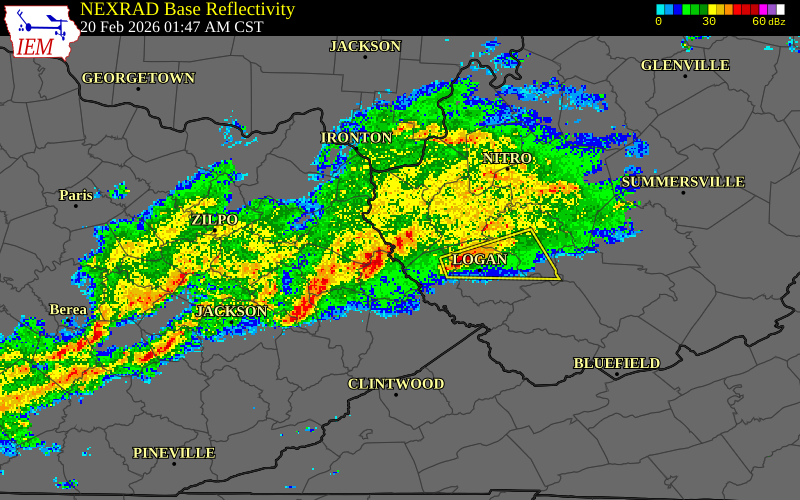 NEXRAD radar during the Friday, February 20, 2026 storm activity in Lincoln County, West Virginia
