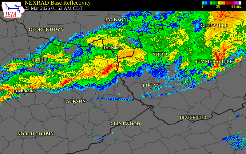 NEXRAD radar during the Monday, March 23, 2026 storm activity in Lincoln County, West Virginia