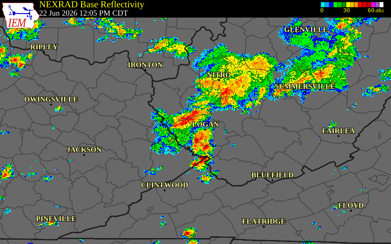 NEXRAD radar during the Monday, June 22, 2026 storm activity in Lincoln County, West Virginia