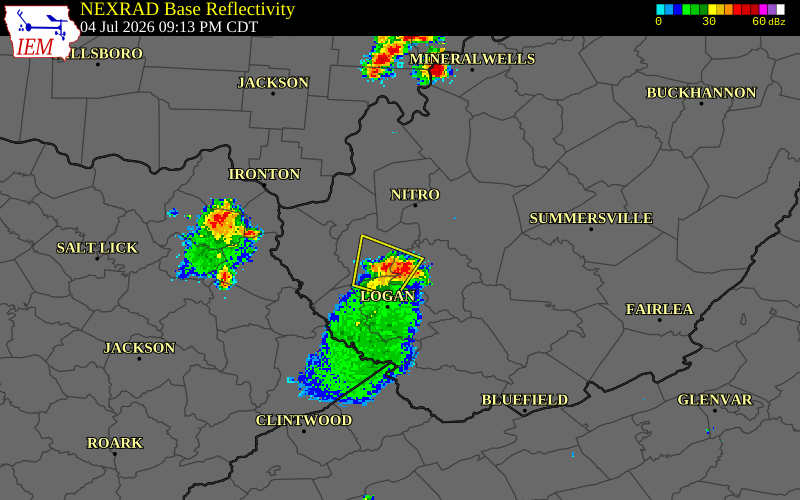 NEXRAD radar during the Saturday, July 4, 2026 storm activity in Lincoln County, West Virginia