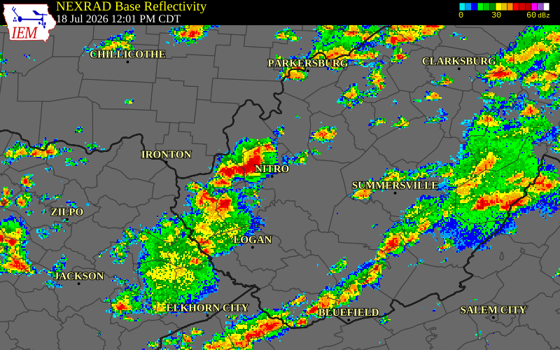 NEXRAD radar during the Saturday, July 18, 2026 storm activity in Lincoln County, West Virginia