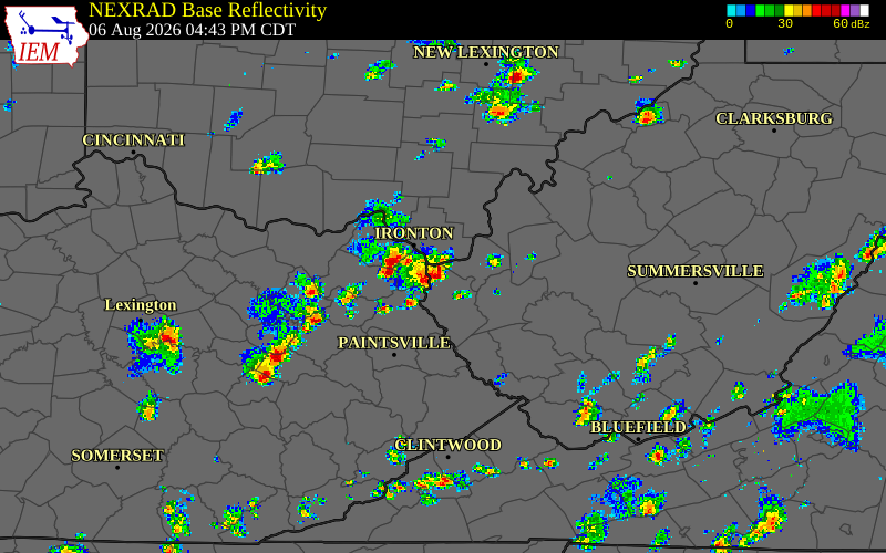 Radar snapshot during the Aug 6, 2026 wind event near Lincoln County, Lincoln County, West Virginia, with NWS warning polygons