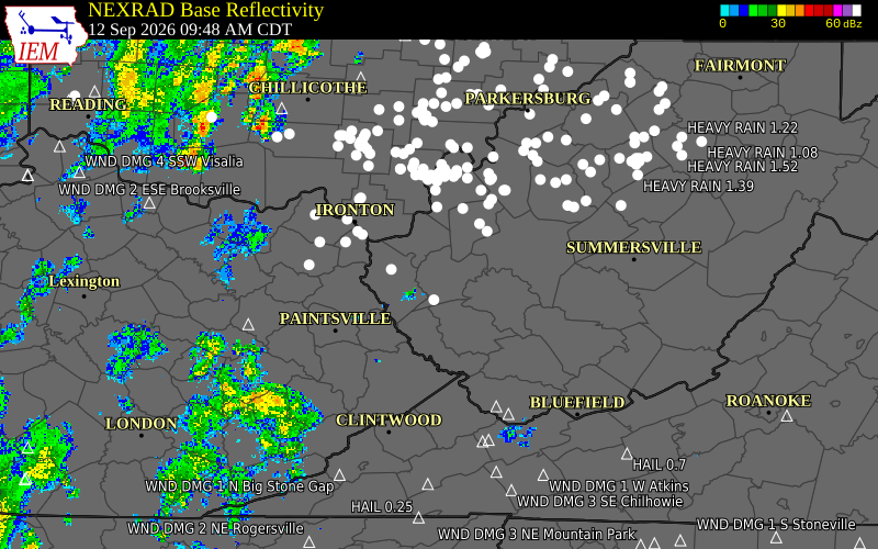 Current NEXRAD radar over Lincoln County, West Virginia with recent storm report locations