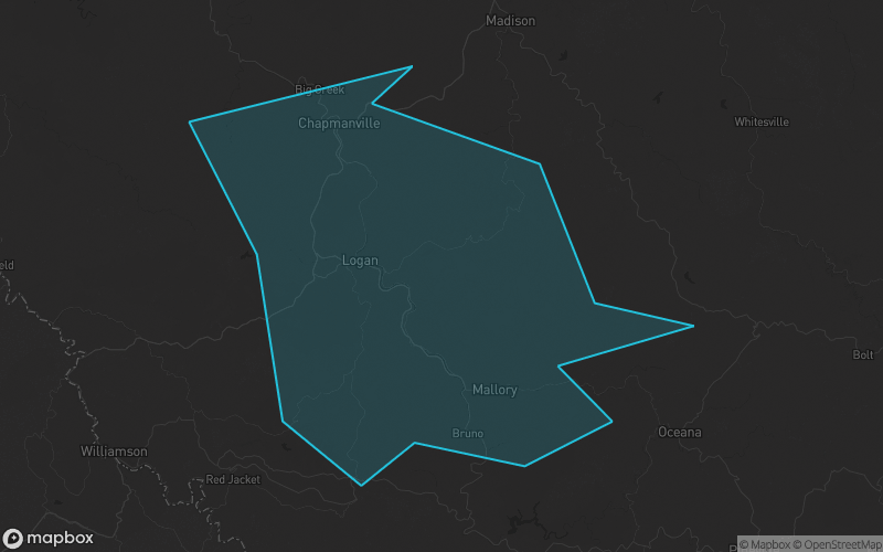 Map of Logan County, West Virginia showing the county boundary and surrounding cities
