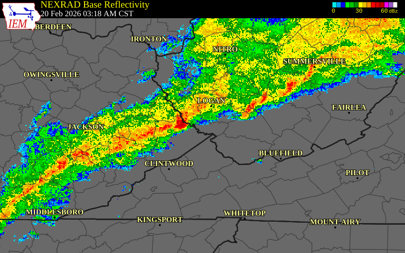 NEXRAD radar during the Friday, February 20, 2026 storm activity in Logan County, West Virginia