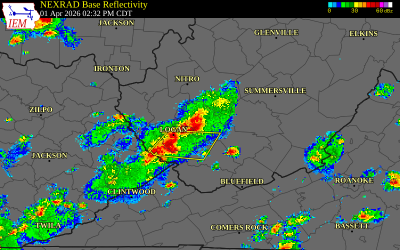 NEXRAD radar during the Wednesday, April 1, 2026 storm activity in Logan County, West Virginia