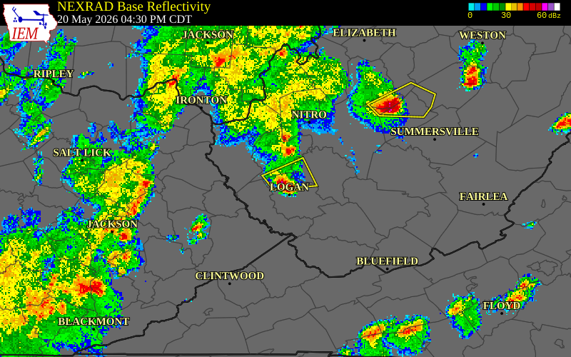 NEXRAD radar during the Wednesday, May 20, 2026 storm activity in Logan County, West Virginia