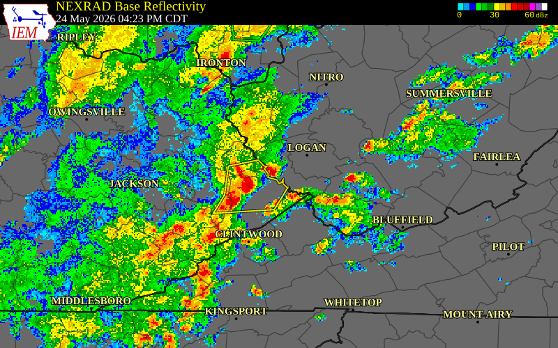 NEXRAD radar during the Sunday, May 24, 2026 storm activity in Logan County, West Virginia