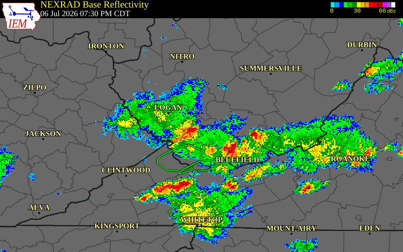NEXRAD radar during the Monday, July 6, 2026 storm activity in Logan County, West Virginia
