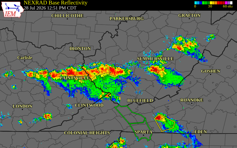 Radar snapshot during the Jul 28, 2026 wind event near Logan County, Logan County, West Virginia, with NWS warning polygons
