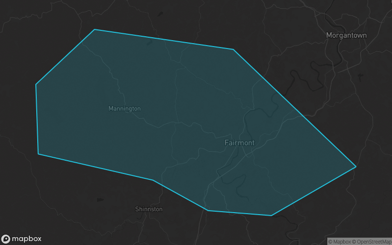 Map of Marion County, West Virginia showing the county boundary and surrounding cities