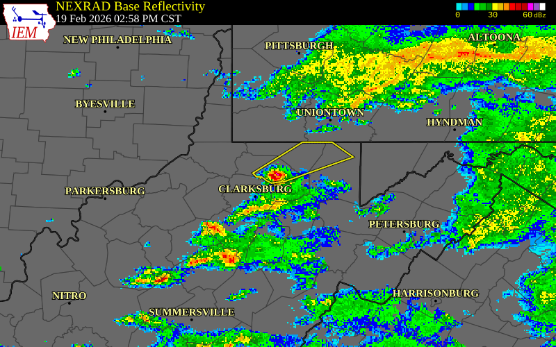 NEXRAD radar during the Thursday, February 19, 2026 storm activity in Marion County, West Virginia