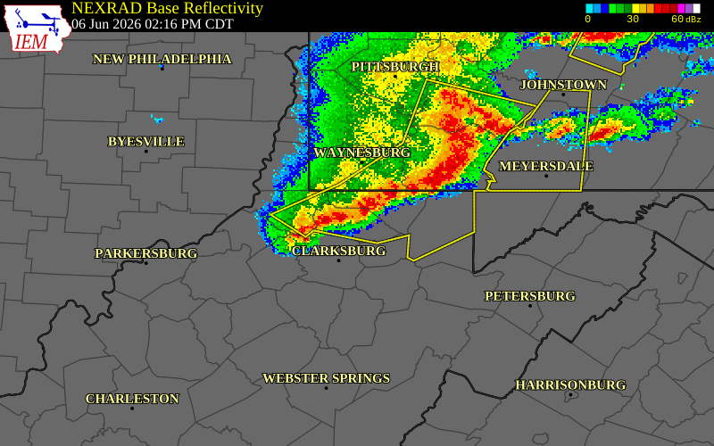 NEXRAD radar during the Saturday, June 6, 2026 storm activity in Marion County, West Virginia