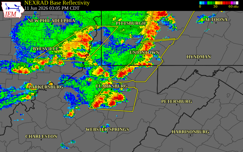 NEXRAD radar during the Thursday, June 11, 2026 storm activity in Marion County, West Virginia