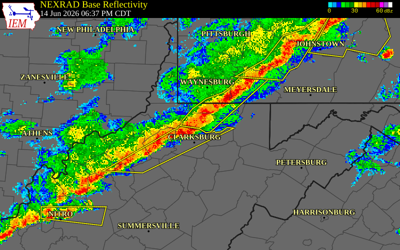 NEXRAD radar during the Sunday, June 14, 2026 storm activity in Marion County, West Virginia