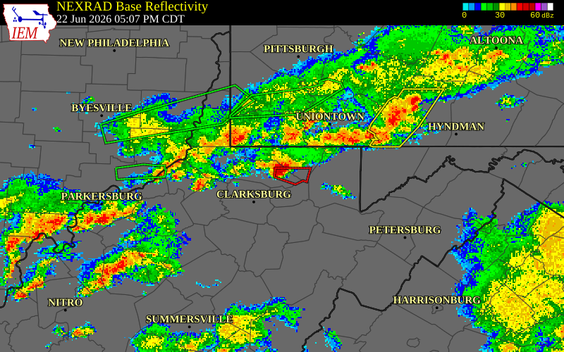 NEXRAD radar during the Monday, June 22, 2026 storm activity in Marion County, West Virginia