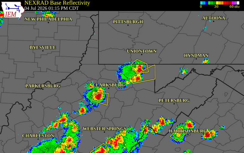 NEXRAD radar during the Saturday, July 4, 2026 storm activity in Marion County, West Virginia